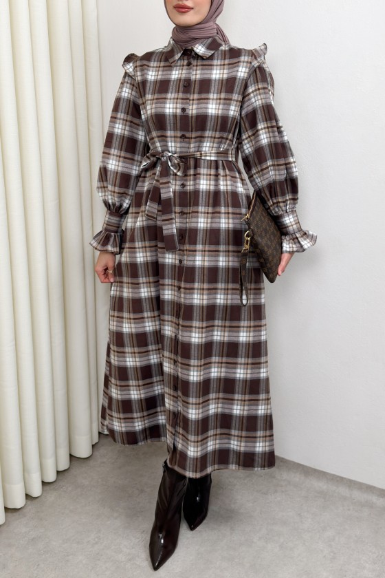 Kuşaklı Ekose Elbise 0066 - KAHVERENGİ Kuşaklı Ekose Elbise 0066 - KAHVERENGİ