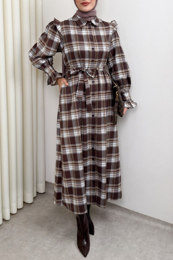 Kuşaklı Ekose Elbise 0066 - KAHVERENGİ