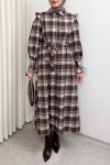 Kuşaklı Ekose Elbise 0066 - KAHVERENGİ