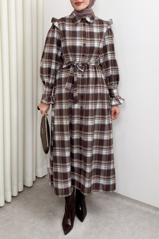 Kuşaklı Ekose Elbise 0066 - KAHVERENGİ