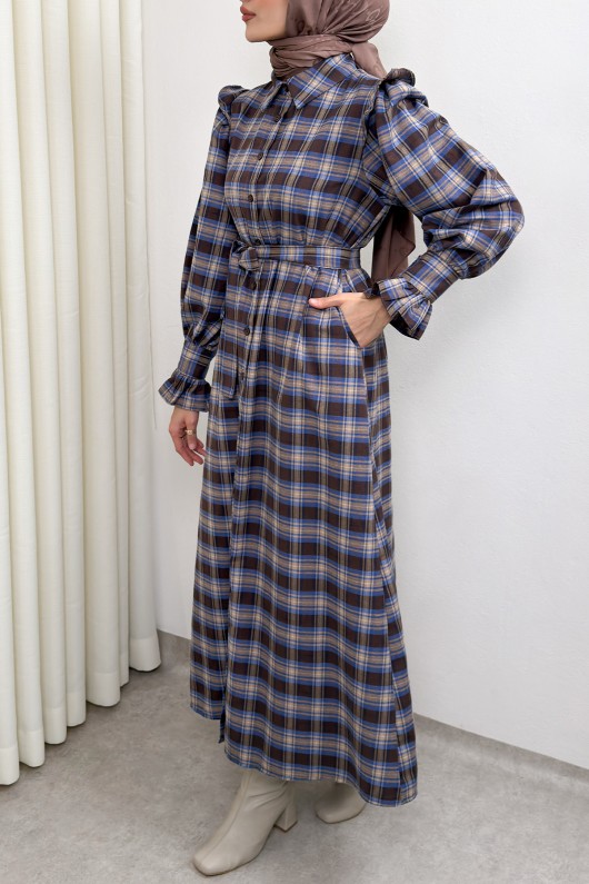 Kuşaklı Ekose Elbise 0066 - LACİVERT