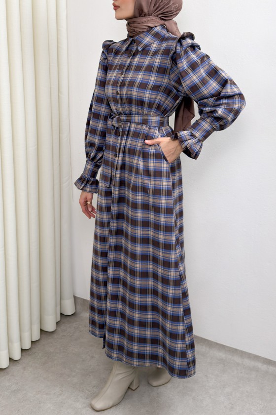 Kuşaklı Ekose Elbise 0066 - LACİVERT Kuşaklı Ekose Elbise 0066 - LACİVERT