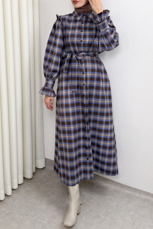 Kuşaklı Ekose Elbise 0066 - LACİVERT