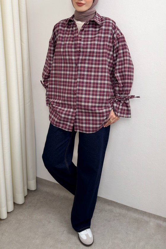 Kol Büzgülü Ekoseli Gömlek 0067 - BORDO