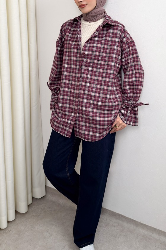Kol Büzgülü Ekoseli Gömlek 0067 - BORDO