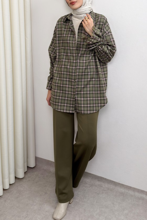 Kol Büzgülü Ekoseli Gömlek 0067 - HAKİ