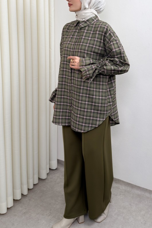 Kol Büzgülü Ekoseli Gömlek 0067 - HAKİ