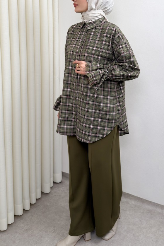 Kol Büzgülü Ekoseli Gömlek 0067 - HAKİ