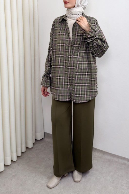 Kol Büzgülü Ekoseli Gömlek 0067 - HAKİ