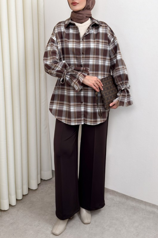 Kol Büzgülü Ekoseli Gömlek 0067 - KAHVERENGİ