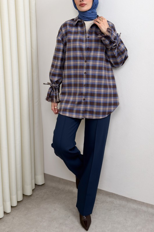 Kol Büzgülü Ekoseli Gömlek 0067 - LACİVERT