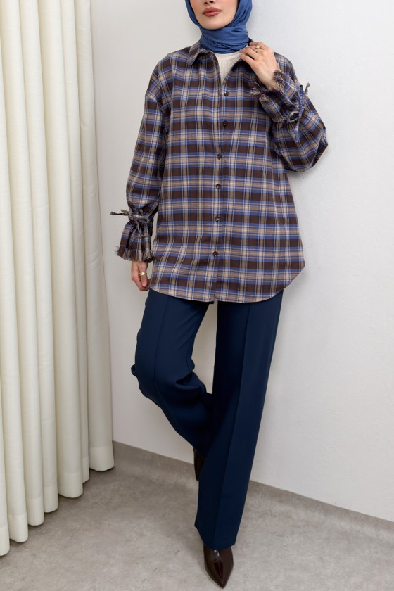 Kol Büzgülü Ekoseli Gömlek 0067 - LACİVERT