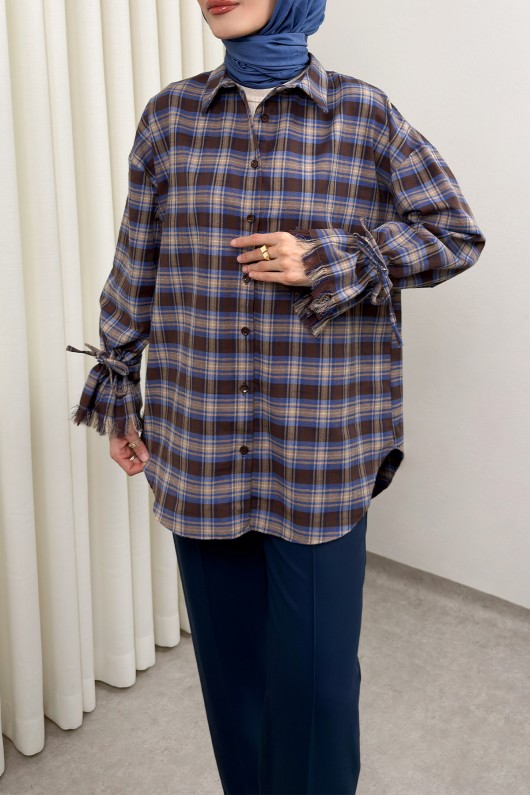 Kol Büzgülü Ekoseli Gömlek 0067 - LACİVERT