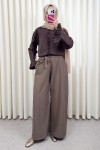 Kuşaklı Bol Paça Pantolon 0068 - AÇIK KAHVE