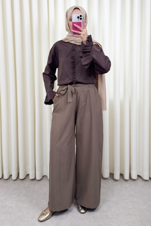 Kuşaklı Bol Paça Pantolon 0068 - AÇIK KAHVE