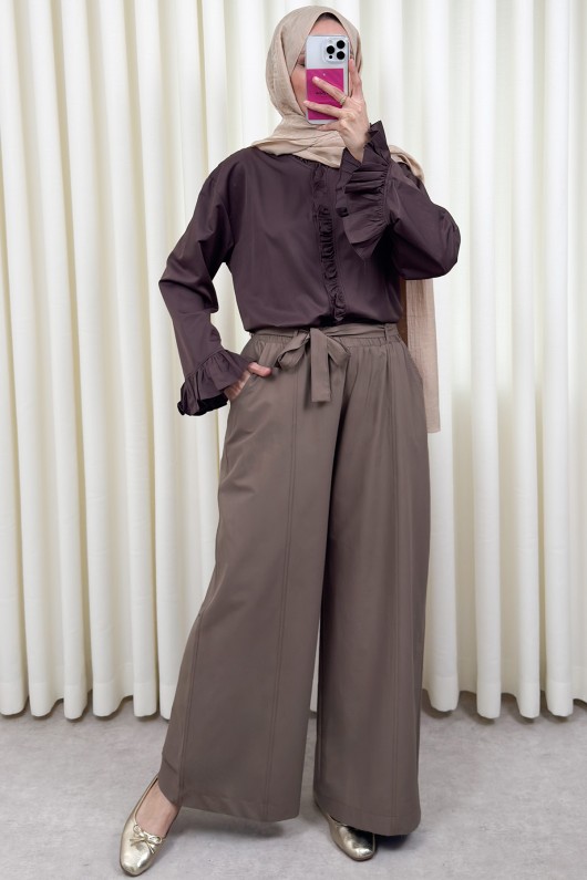 Kuşaklı Bol Paça Pantolon 0068 - AÇIK KAHVE