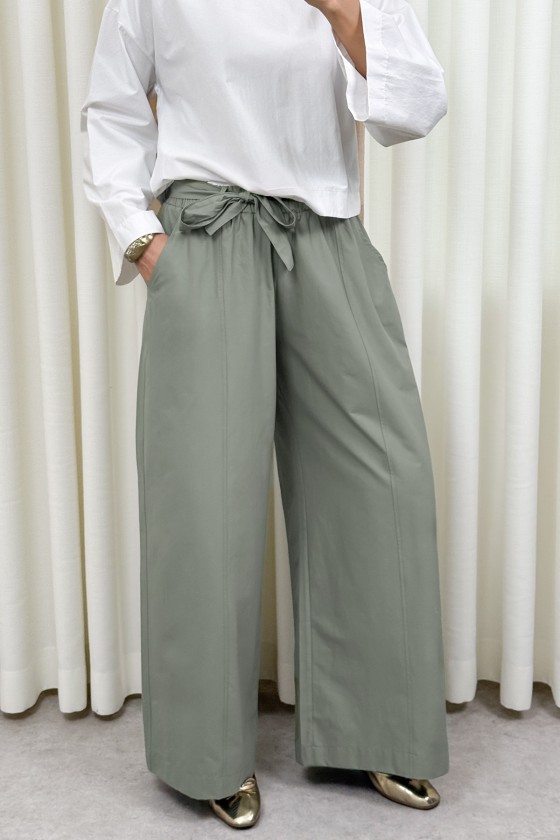 Kuşaklı Bol Paça Pantolon 0068 - HAKİ