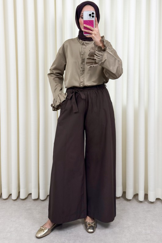 Kuşaklı Bol Paça Pantolon 0068 - KOYU KAHVERENGİ