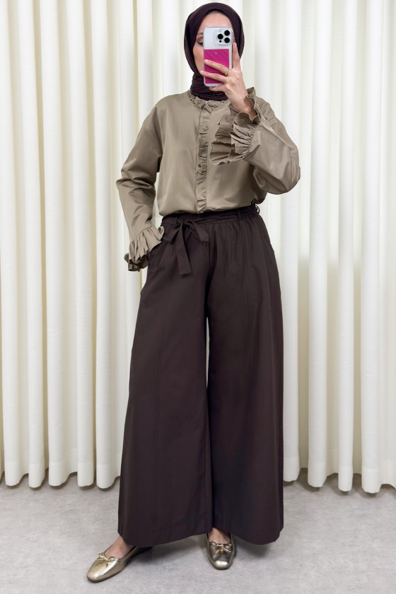 Kuşaklı Bol Paça Pantolon 0068 - KOYU KAHVERENGİ