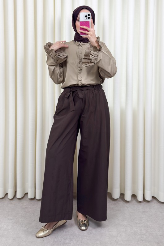 Kuşaklı Bol Paça Pantolon 0068 - KOYU KAHVERENGİ