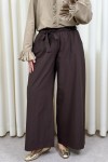 Kuşaklı Bol Paça Pantolon 0068 - KOYU KAHVERENGİ