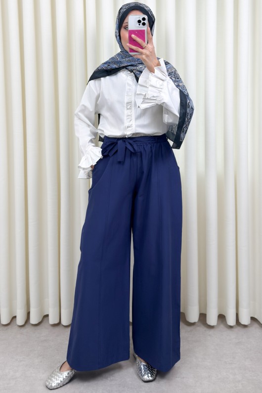 Kuşaklı Bol Paça Pantolon 0068 - LACİVERT Kuşaklı Bol Paça Pantolon 0068 - LACİVERT