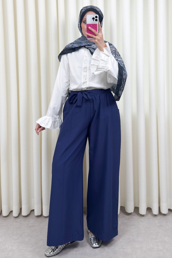 Kuşaklı Bol Paça Pantolon 0068 - LACİVERT