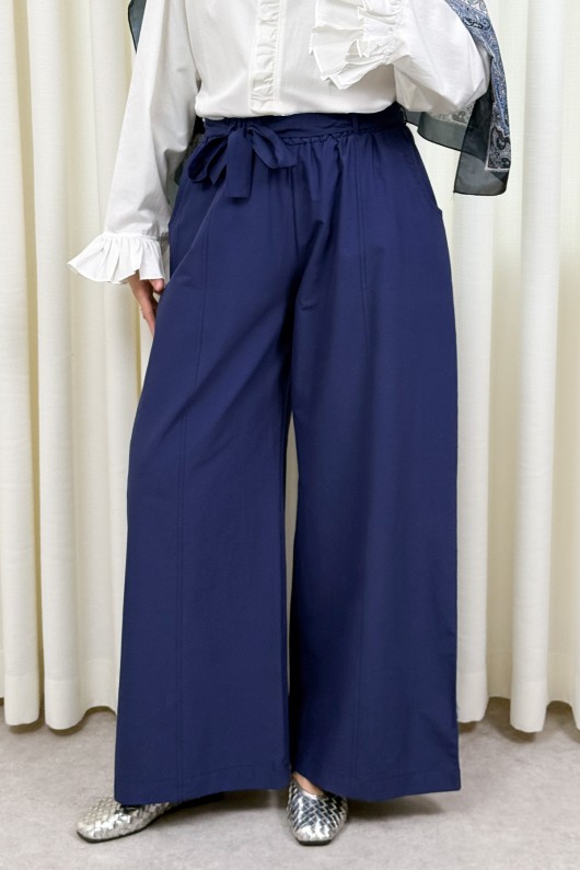 Kuşaklı Bol Paça Pantolon 0068 - LACİVERT Kuşaklı Bol Paça Pantolon 0068 - LACİVERT