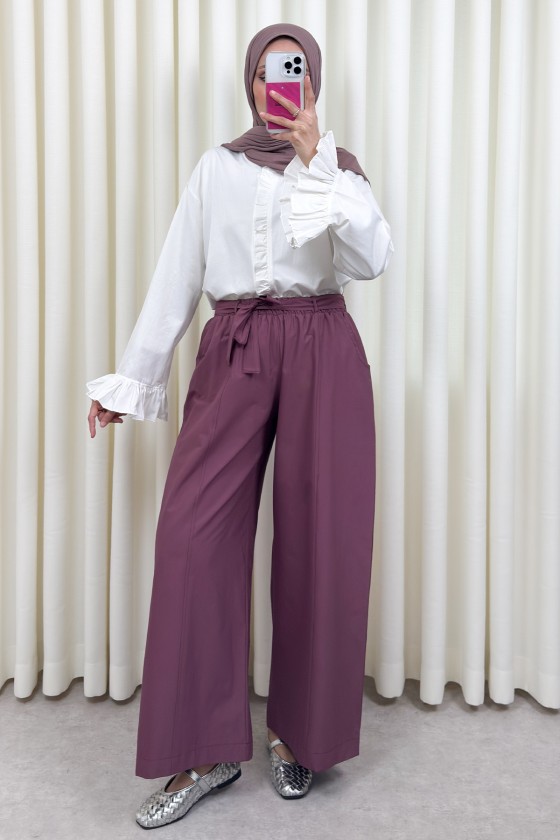 Kuşaklı Bol Paça Pantolon 0068 - MÜRDÜM