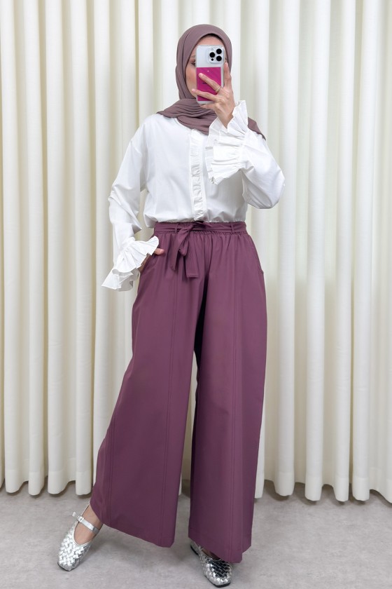 Kuşaklı Bol Paça Pantolon 0068 - MÜRDÜM