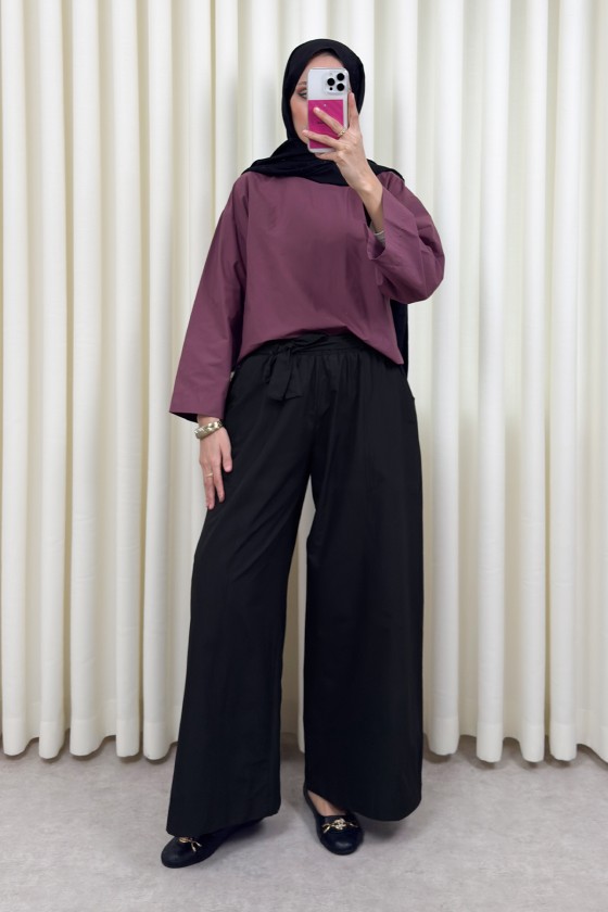 Kuşaklı Bol Paça Pantolon 0068 - SİYAH