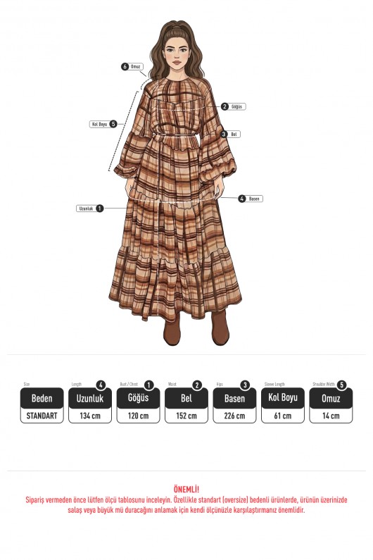 Katlı Ekose Elbise 0072 - KAHVERENGİ