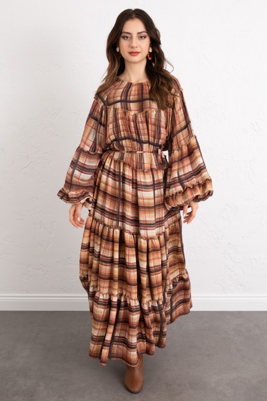 Katlı Ekose Elbise 0072 - KAHVERENGİ