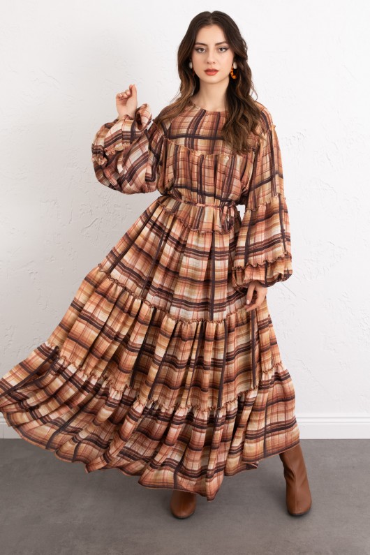 Katlı Ekose Elbise 0072 - KAHVERENGİ