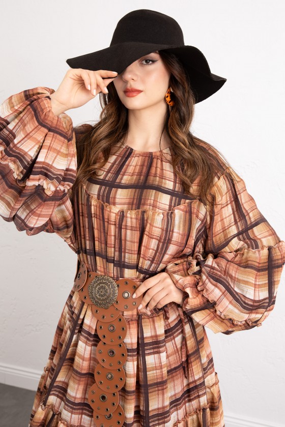 Katlı Ekose Elbise 0072 - KAHVERENGİ Katlı Ekose Elbise 0072 - KAHVERENGİ