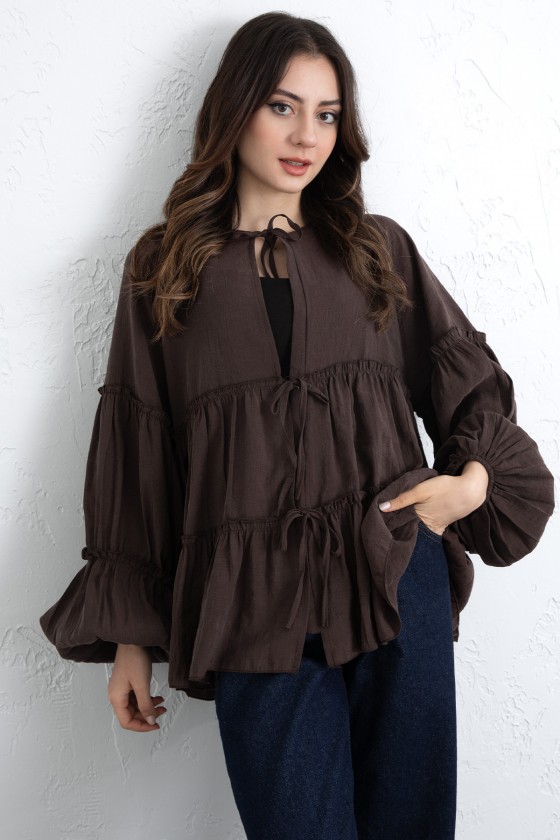 İp Bağcıklı Katlı Bluz  0073 - KAHVERENGİ