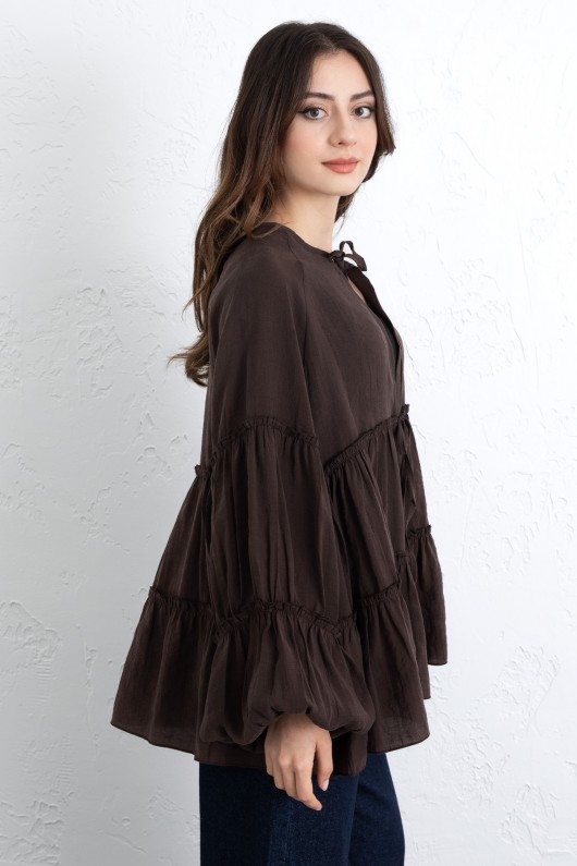 İp Bağcıklı Katlı Bluz  0073 - KAHVERENGİ