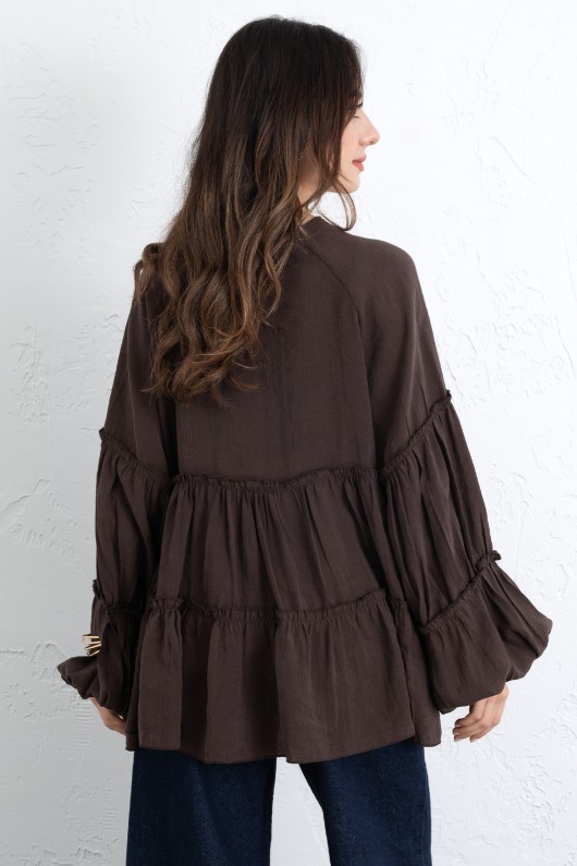 İp Bağcıklı Katlı Bluz  0073 - KAHVERENGİ