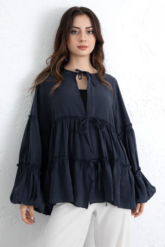 İp Bağcıklı Katlı Bluz  0073 - LACİVERT