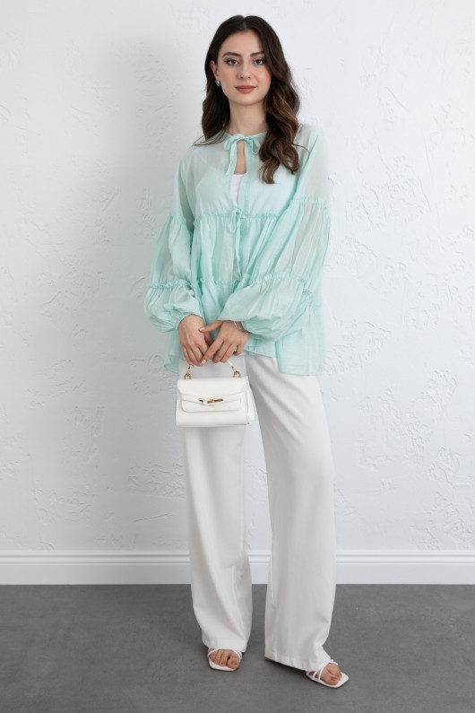 İp Bağcıklı Katlı Bluz  0073 - MİNT YEŞİLİ