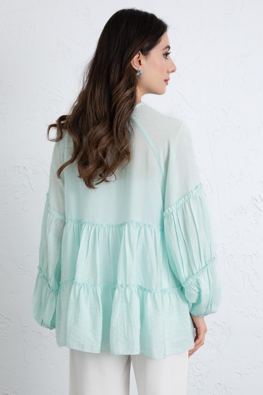 İp Bağcıklı Katlı Bluz  0073 - MİNT YEŞİLİ