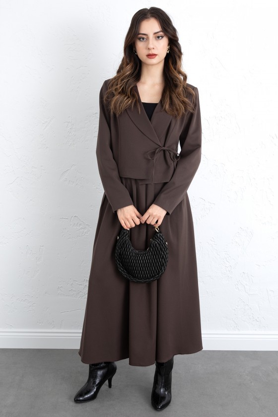  Bağcık Detay Ceketli Takım 0076 - KAHVERENGİ