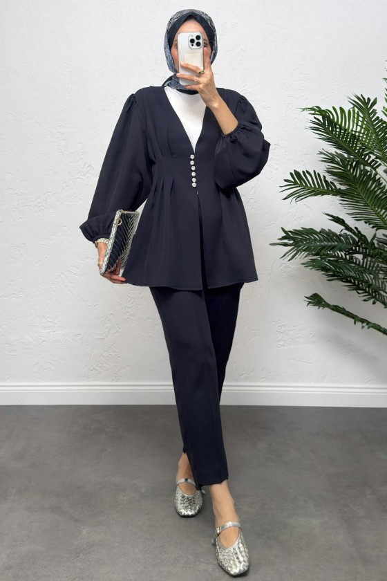 V Yaka Pile Detay Takım 0077 - LACİVERT