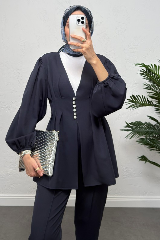 V Yaka Pile Detay Takım 0077 - LACİVERT