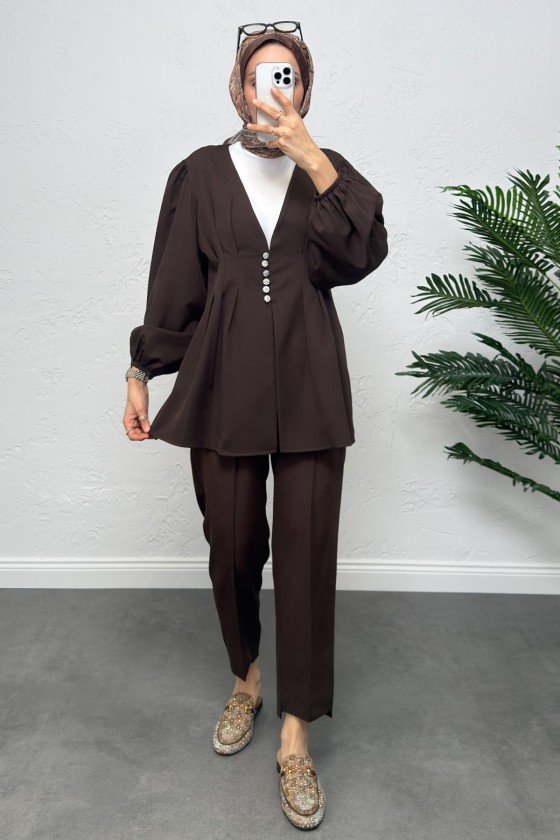 V Yaka Pile Detay Takım 0077 - KAHVERENGİ