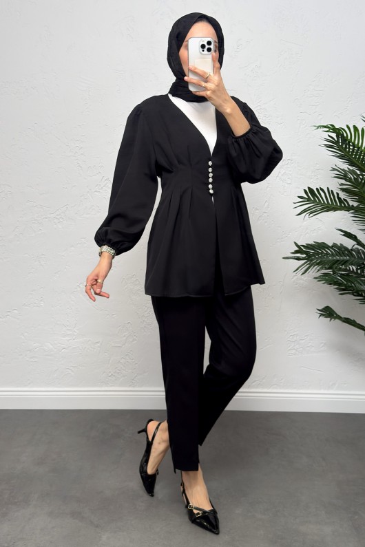 V Yaka Pile Detay Takım 0077 - SİYAH V Yaka Pile Detay Takım 0077 - SİYAH