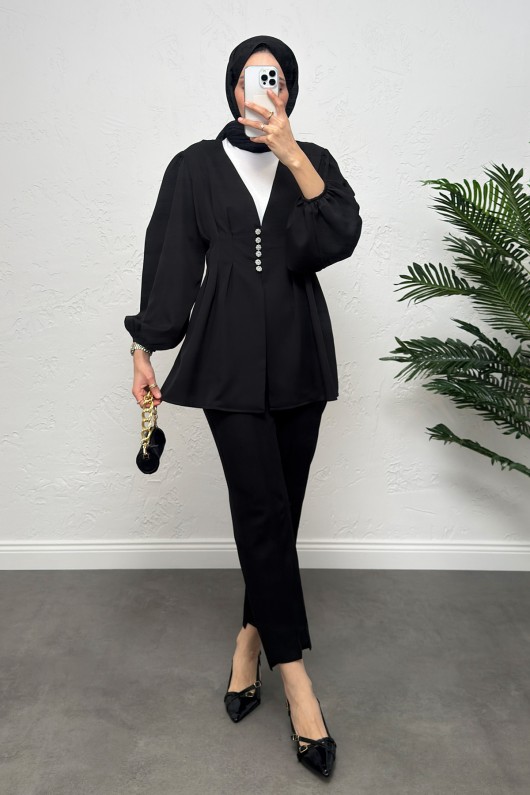 V Yaka Pile Detay Takım 0077 - SİYAH V Yaka Pile Detay Takım 0077 - SİYAH