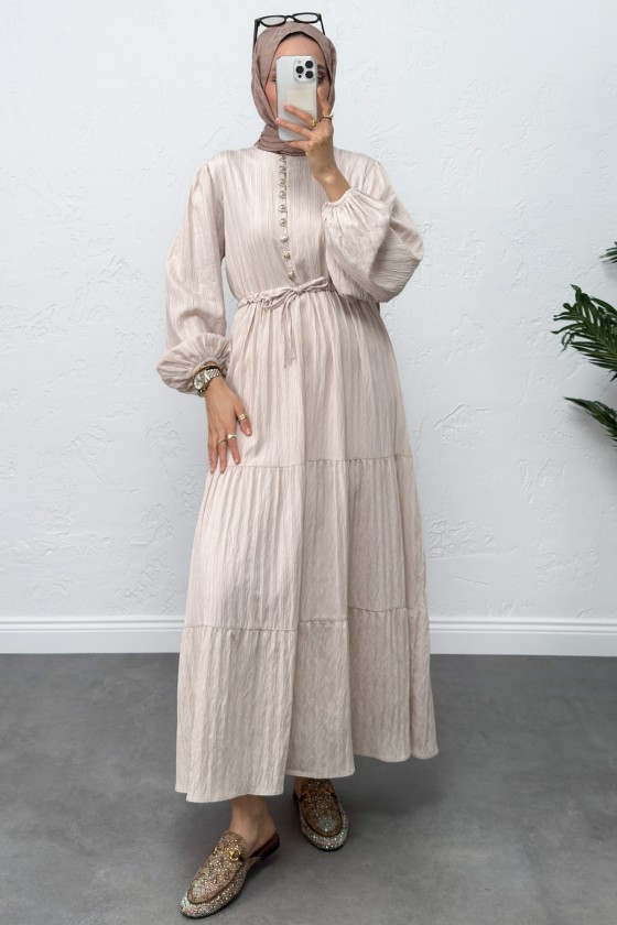 Bel Büzgülü Bağcıklı Elbise 0081 - EKRU Bel Büzgülü Bağcıklı Elbise 0081 - EKRU