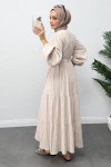 Bel Büzgülü Bağcıklı Elbise 0081 - EKRU