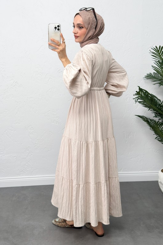 Bel Büzgülü Bağcıklı Elbise 0081 - EKRU